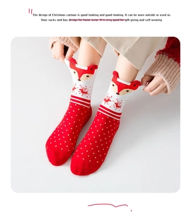 Detailed knit texture of red Christmas socks with 3D reindeer and white polka dots