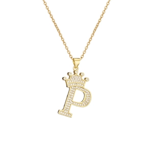 Detail of gold-plated crown letter P pendant necklace with sparkling cubic zirconia inlay