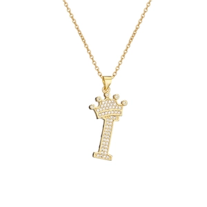 Detailed view of gold-plated crown and initial I pendant with micro-paved cubic zirconia