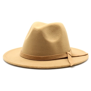 Detail of wide brim camel wool fedora hat showing texture and side knot band decoration