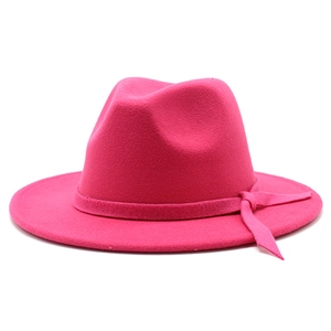 Classic fuchsia wool fedora hat with flat brim and decorative ribbon for men and women