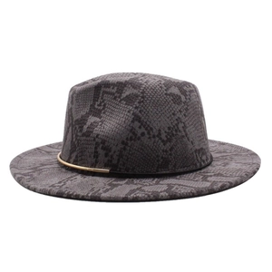 Detailed view of grey wool fedora featuring snake skin pattern and gold metal ring trim