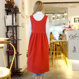 Plus size red cotton apron with side ties and pleats for cafe or floral work