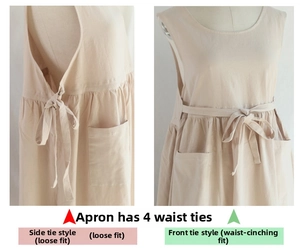 Detail of cotton apron showing side-tie design and dual-style silhouette options