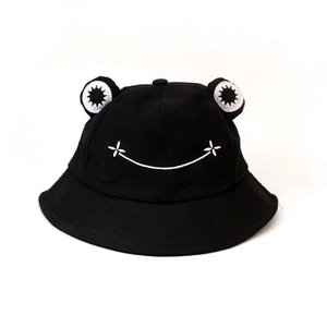 Cute black cotton frog bucket hat with 3D eyes and smile embroidery for sun protection