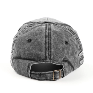 Deep grey washed cotton baseball cap with distressed details and bronze metal buckle