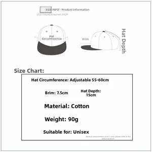 Detailed size chart for washed cotton baseball cap with adjustable strap and dimensions
