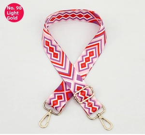 Detail of No.98 light gold hardware on adjustable woven strap with geometric pattern