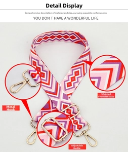 Detailed view of the adjustable chevron woven bag strap with golden metal hardware hooks