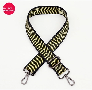 Detail of adjustable gunmetal buckle and geometric arrow pattern on fabric bag strap