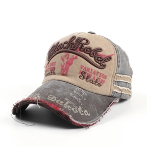 Retro distressed baseball cap with Black Rebel embroidery and frayed brim detail