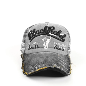 Detail of vintage washed grey baseball cap featuring 3D Black Rebel embroidery and distressed edges