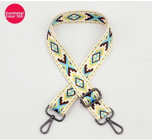 Detail of adjustable bohemian weave handbag strap with geometric patterns and gunmetal hardware