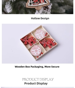 Detail of wooden 3D star ornaments with reindeer and Merry Christmas motifs in a wooden box