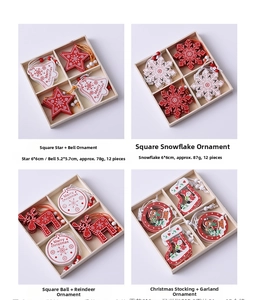 Close-up of 12-piece wooden Christmas tree ornaments set in compartmentalized gift box