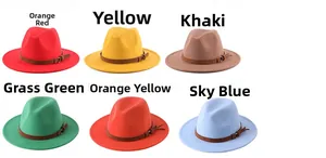 Detail view of colorful wool fedora hats featuring brown leather bands and metal buckles
