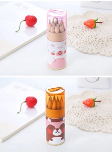 Detail of 12-color pencil set in tube with built-in sharpener and cute animal designs