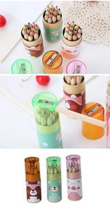 Detail of 12-pack mini color pencils in cartoon tubes with integrated lid sharpeners