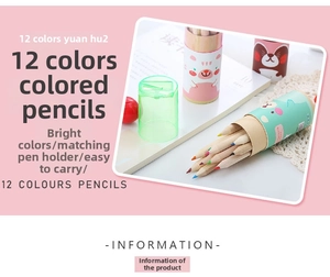 Detail of 12-color wooden pencils in a cylinder tube with built-in sharpener lid