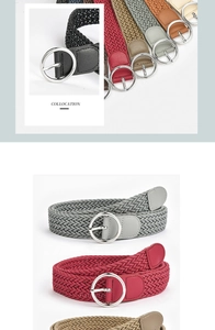 Detail of colorful braided wax cord belts featuring round metal buckles and leather ends