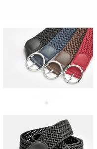 Detail of woven wax rope belts with round metal buckles in black, navy, coffee, and red