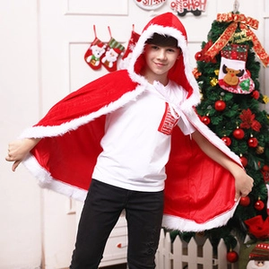 Close-up of a festive red hooded kids' Christmas cloak with soft white plush trim
