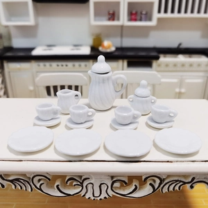 15-piece 1:12 scale miniature white ceramic tea set for dollhouse kitchen accessories