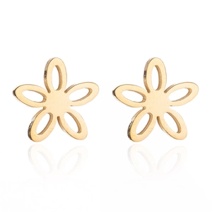 Macro shot of minimalist hollow five-petal flower stud earrings in polished gold finish