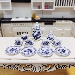 15-piece miniature ceramic tea set with blue floral patterns for dollhouse decor