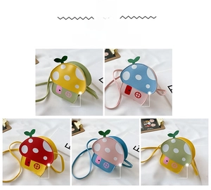 Collage of colorful PU leather mushroom bags for kids in yellow, blue, red, pink and green
