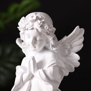 Nordic white angel sculpture prayer statue with wings and floral wreath home decor