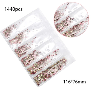 Detailed view of 1440pcs pink AB iridescent flatback crystals for DIY nail art kits