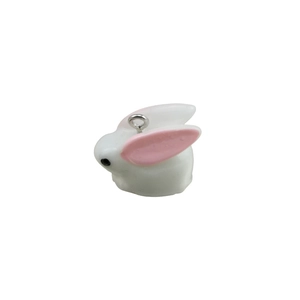 Cute white resin bunny pendant with pink ears and silver metal ring for DIY jewelry