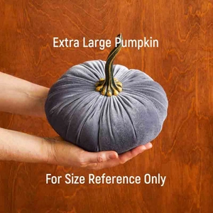 Close-up of extra large grey velvet pumpkin decoration for seasonal home decor