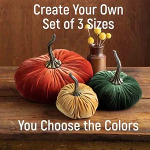 Set of 3 velvet pumpkins in autumn colors for rustic Thanksgiving and Halloween decor