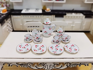 Miniature white ceramic tea set with red cherry patterns for dollhouse scenery