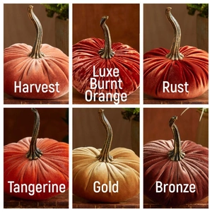 Detail of velvet decorative pumpkins in Harvest, Luxe Orange, Rust, Gold and Bronze tones