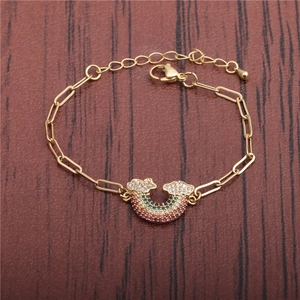 Adjustable golden hip-hop Cuba bracelet with rainbow zircon charms and lobster clasp