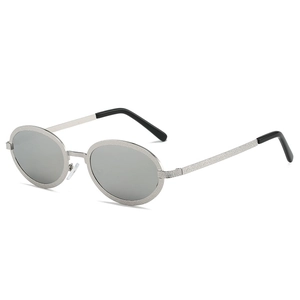 Retro oval metal sunglasses with textured silver frame and light grey lenses for unisex