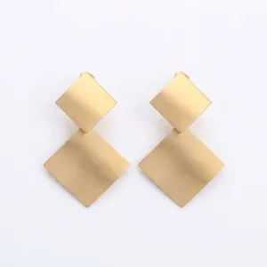 Geometric Double Square Stud Earrings Women Stainless Steel Gold Plated Brushed Finish Minimalist Rhombus Drop Jewelry