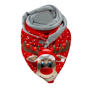 Detail of red plush scarf featuring cartoon reindeer pattern and soft grey fleece lining
