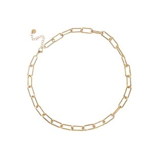 Close-up of golden stainless steel paperclip chain with lobster clasp and adjustable link