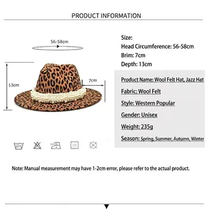 Guide des tailles du chapeau léopard en laine avec perles, bord 7cm, profondeur 13cm