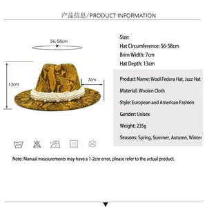 British style snakeskin wool fedora with pearl band detailing for women and men