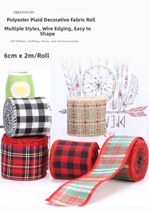 Detail of 6cm Christmas plaid ribbons with wire edges for DIY wreaths and bows