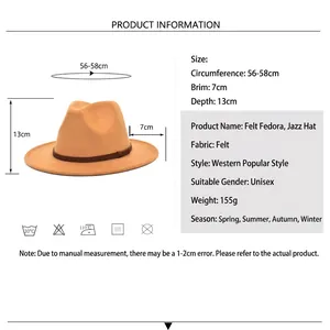 Classic caramel fedora wool hat for men and women with wide brim and 56-58cm circumference