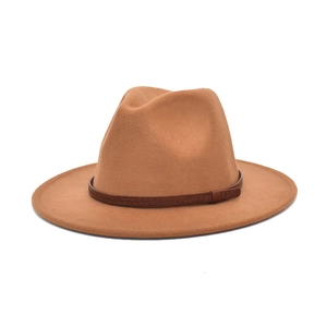 Detailed close-up of camel wool felt fedora hat featuring dark woven decorative band