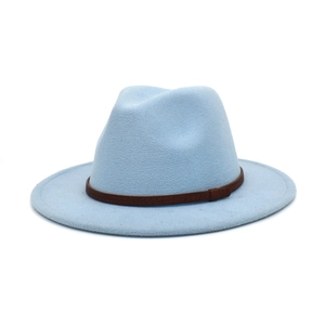 Detailed texture of light blue wool felt fedora with a brown embossed leather band