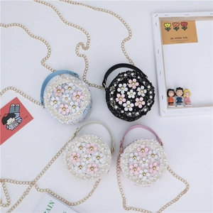 Kids Round Crossbody Bag Tweed Woven Floral Decoration Faux Artificial Pearl Handheld Metal Chain Strap Princess Style Girls