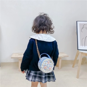 Cute blue tweed round crossbody bag for girls with 3D flowers and pearl chain strap